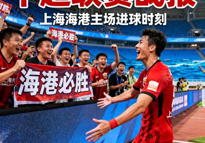 中超联赛战报封面图，上海海港球员在主场进球后与球迷互动庆祝